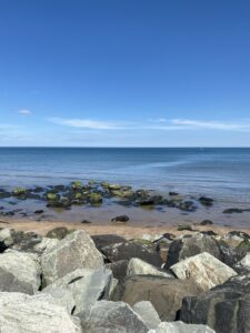 BLue sea and sky with shoreline of rocks and rock pools