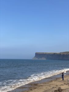 Waves breaking on sandy beach with people in foreground. Cliffs in distance on the horizon. 