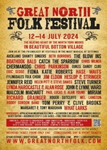 Red and black poster for a Folk Festival with list of all the acts performing