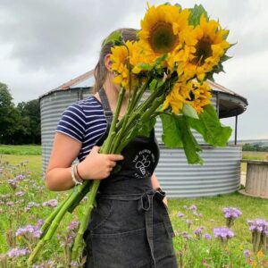 Girl in black apron and stripey t shirt, holding a big bunch of sun flowers in front of her face