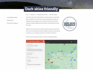 Screen grab of North Yor moors web sight showing a map of dark sky friendly accmodation.