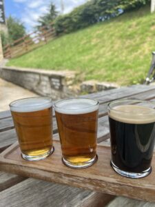 Three third of a pint glases on a wooden platter in a pub garden