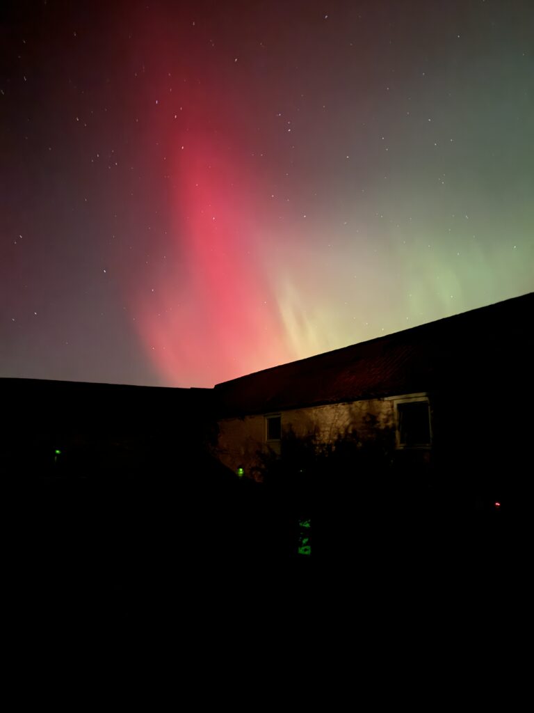 Northern Lights (Aurora Borealis) streaking across a dark night sky, with red and green hues visible above a building's roofline.